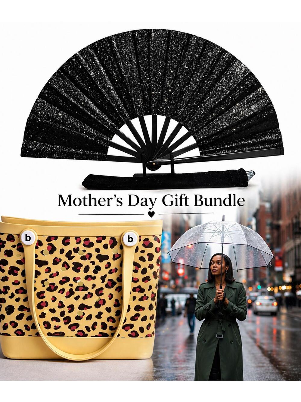 Black Glitter Fan, Clear Umbrella, Leopard Tote Bag Bundle